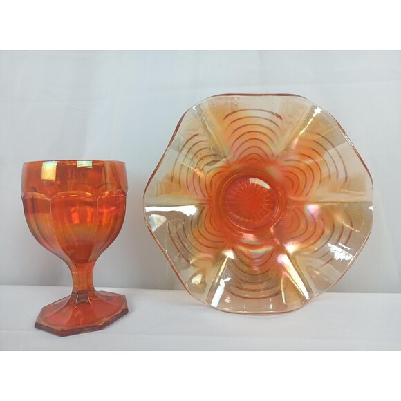 Vintage Bowl And Goblet Handmade Orange Carnival Glass Reverse Ruffled Edges - Picture 2 of 10